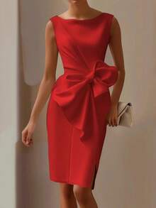 Women's Evening Dress Simple Solid Color Style Fashion Bow Decoration Elegant Temperament Pleated Slit Dinner Party Dress - 紅色 - 查看 2