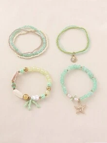 7件套粉色系列少女海滩度假风贝壳、海星和串珠弹力手链套装，适合女性度假和日常佩戴（手工串珠，珠子数量和顺序位置随机） - 薄荷綠 - 查看 4