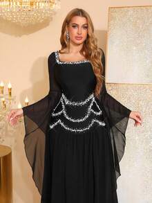 Modphy Vestido de fiesta de manga larga con hombros descubiertos, pedrería y cristales, estilo capa, para mujer, color negro, para bodas y fiestas de primavera, nuevo otoño 2024 - Negro - Ver 7