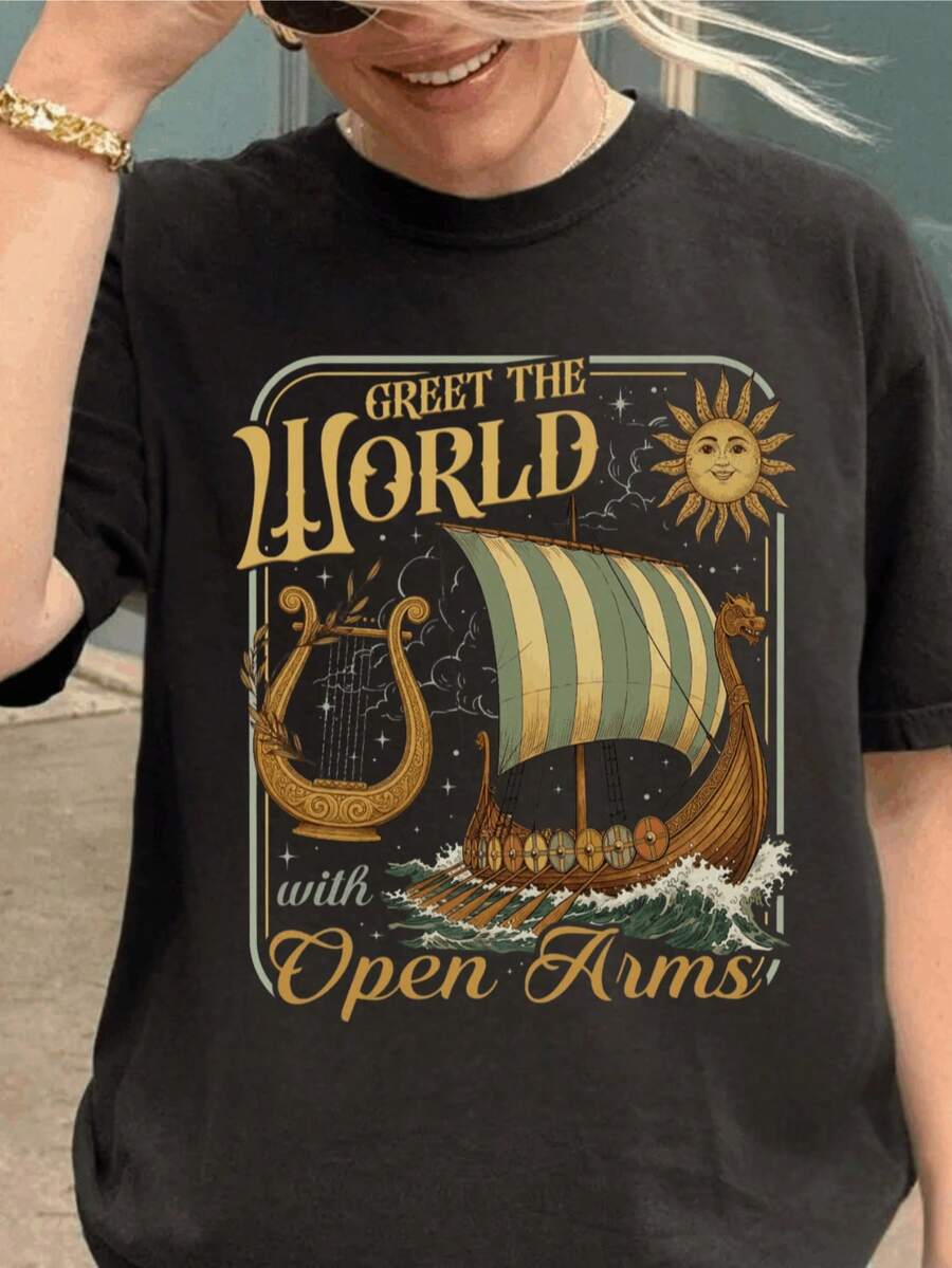 Greet The World With Open Arms Shirt, Greek Mythology T-Shirt, Bookish Gift For Epic Lovers, 10552212 - 黑色 - 查看 1