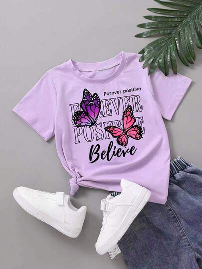 Young Girl Casual Butterfly & Letter Print Short Sleeve T-Shirt, Suitable For Summer Holiday And Daily Commute