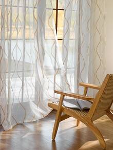 1pc Wavy Striped Sheer Curtain, Casual Lightweight With Eyelet Top Design, Suitable For Living Room And Bedroom, Elegant Translucent Wavy Ripple White Voile Drape - White - View 4