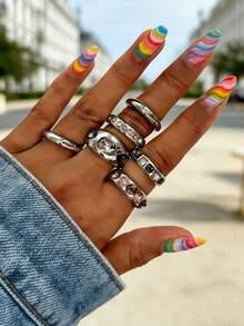 6件套女士镀金开口手镯戒指套装，镶嵌粉色和黑色宝石 - 可调节的个性饰品，适合女性佩戴，适合ins风派对和日常佩戴 - 彩色 - 查看 2