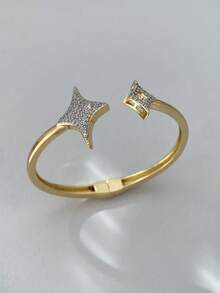 1pc Gold-Tone Bracelet Set With Fully Paved Cubic Zirconia Stones, Butterfly, Knot, Star Designs, Adjustable Bangle & Ring, Material, Hypoallergenic, Valentine's Day/Wedding Gift - Gold - View 6