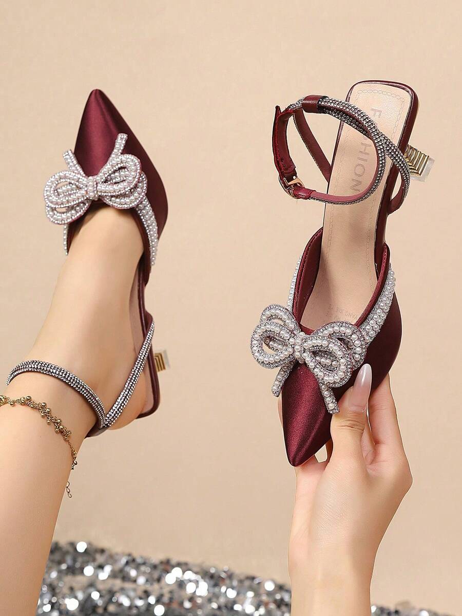 Tacones de boda con lazo de strass para mujer, tacones de gatito