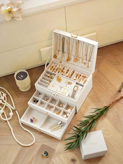 Jewelry Storage Box With Lock, Multi-Layer Soft Velvet Jewelry Organizer In Beige/Black/White, Scratch-Resistant And Dustproof Lid, Suitable For Rings, Necklaces, Bracelets, Earrings, Elegant Jewelry Gift For Women, Birthday, Wedding, Christmas, Desktop Decor, Necklace Holder, Fashion Display, Durable Construction, Bridal Accessories, Jewelry Cabinet, Jewelry Display, Classic Design, Decorative Storage, Dust-Proof Box, Ring Holder, Multi-Tier Cabinet, Women Jewelry