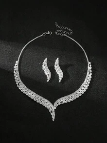 3pcs Silver Jewelry Set, Sexy Rhinestone Necklace And Earrings, Elegant Style, Suitable For Parties, Banquets, Anniversaries, Birthdays, Weddings, And Other Occasions - Silver - View 3