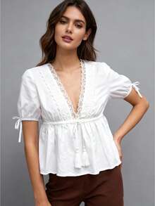 Women's Lace Trim Ruffle Tops Summer Fashionable Solid Color Short Bubble Sleeve Shirt - White - View 1