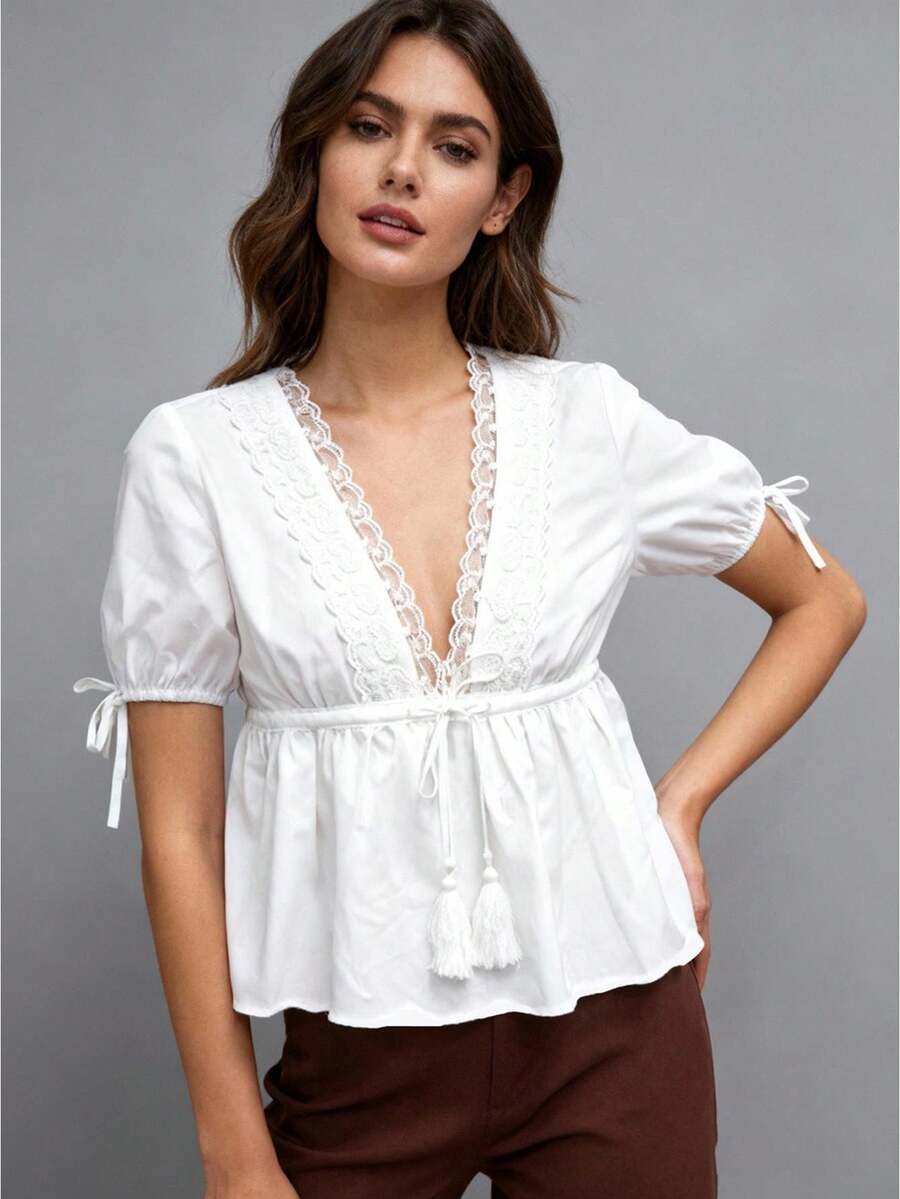 Women's Lace Trim Ruffle Tops Summer Fashionable Solid Color Short Bubble Sleeve Shirt - White - View 1