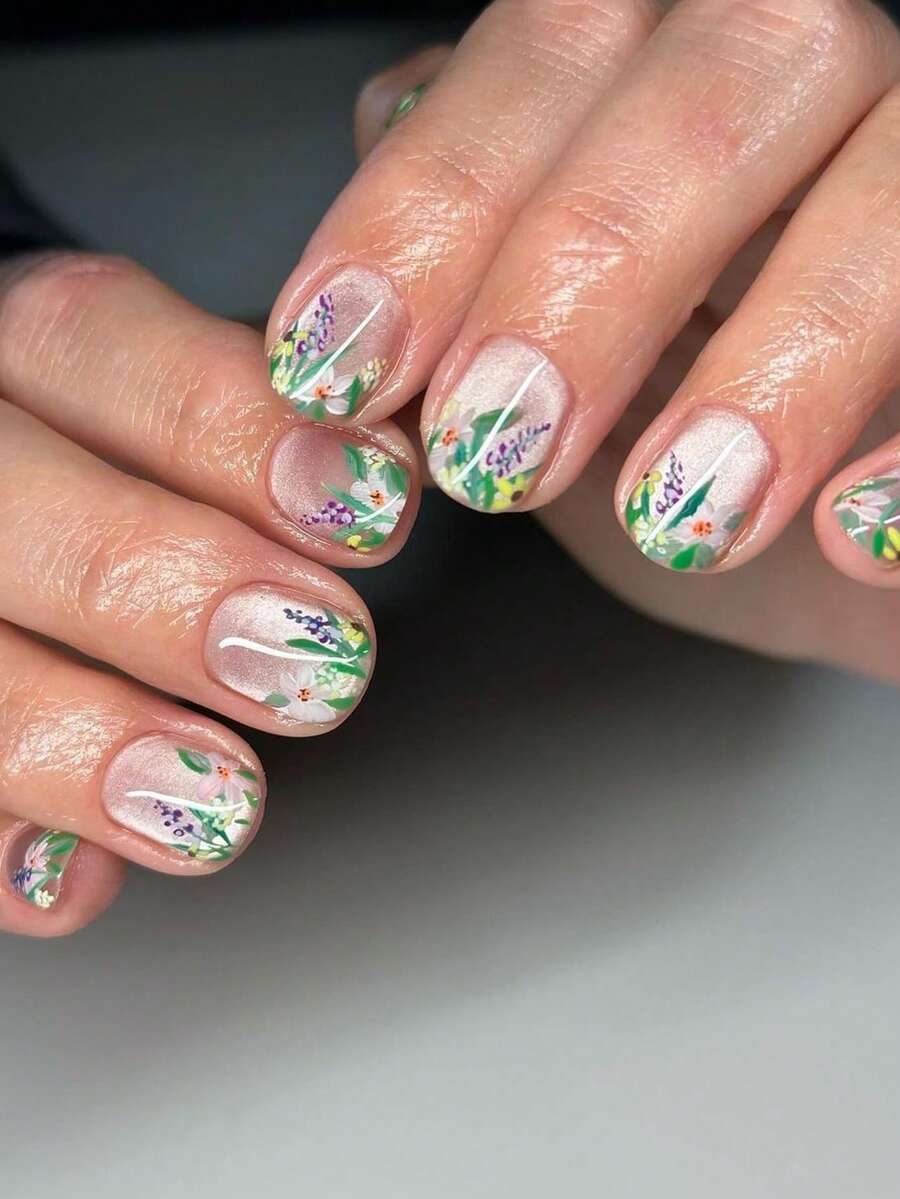 24 móng tay giả vuông dễ thương, họa tiết cây cỏ nhiều màu sắc, móng tay giả acrylic kiểu Pháp, móng tay giả hình quan tài cho nữ, dụng cụ làm móng. - Nhiều màu - Xem 1