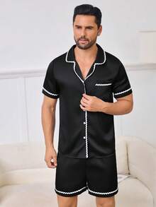 男士絲滑緞面睡衣套裝 短袖短褲款 白色波浪邊輕奢設計 舒適居家睡衣套裝，節日，情人節，女友男友愛人送禮優選 - 黑色 - 查看 2