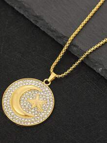 1pc Fashionable Shiny Faith Star & Moon Symbol Round Pendant Necklace, Hip Hop Amulet Jewelry Suitable For Men & Women, Daily & Festival Wear - Multicolor - View 6