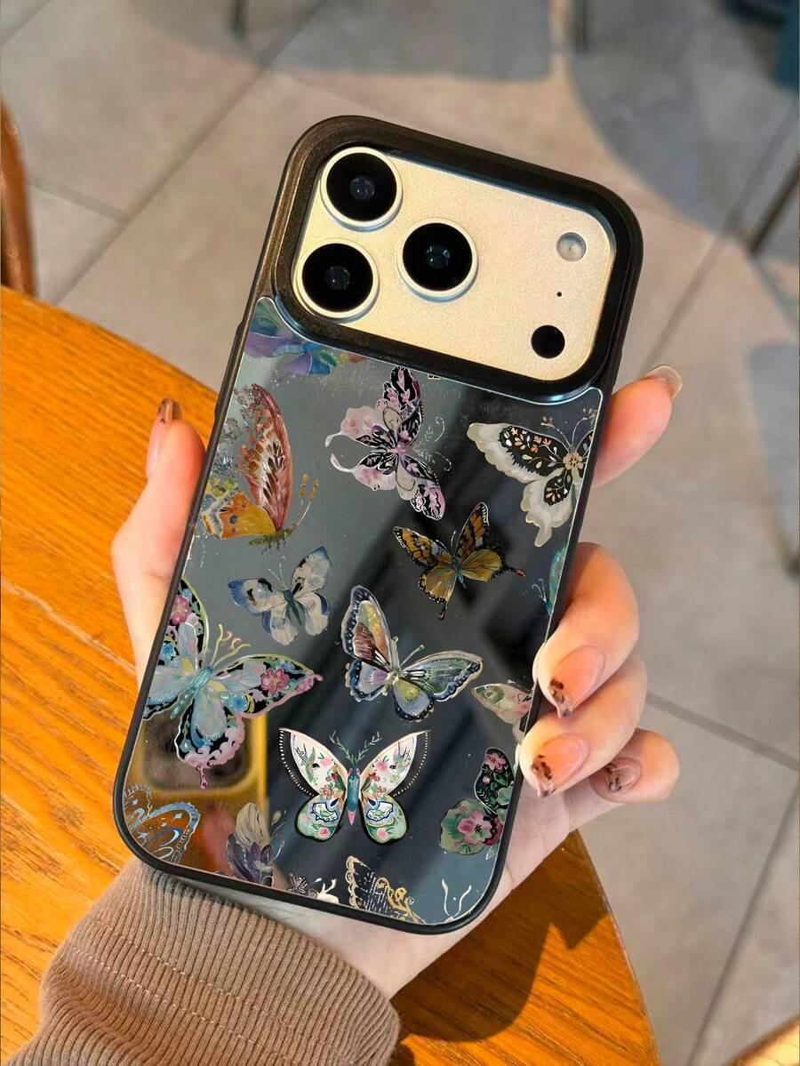 蝴蝶图案镜面手机壳，磁吸式设计，内置摄像头保护盖，男女通用，兼容 13/11/17/17 Pro/16/14/15/15 Pro/15 Plus/15 Pro Max/7 Plus/8 Plus/X/Xs Max/Xr/11 Pro/12 Pro/13 Pro/14 Pro/12 Mini/13 Mini - 彩色 - 查看 1
