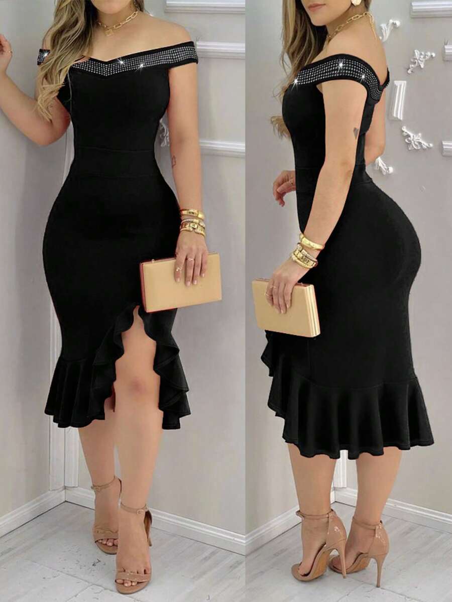 ChicMe Women's Off-Shoulder Rhinestone Decor Mid-Length Bodycon Dress With Ruffle Hem, Slit, Suitable For Party, Banquet, Gathering