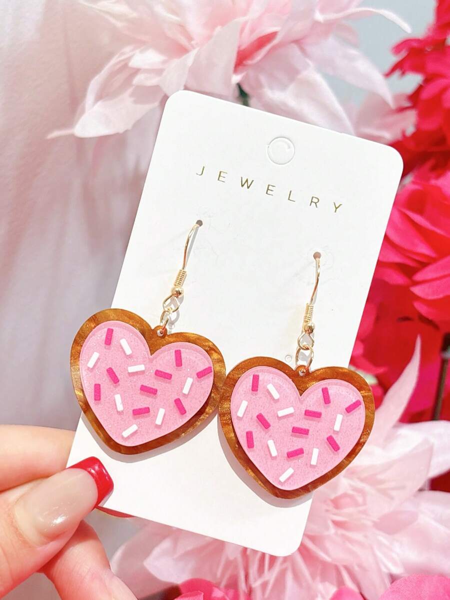 一对亚克力甜美粉色爱心糖衣饼干吊坠耳环，可爱闪亮礼物耳环，女士款 - 彩色 - 查看 1