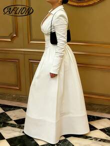 Aflion 大码女式V领半开衩长袖衬衫裙，优雅简约复古米色连衣裙，适合约会、派对、音乐会、酒吧、聚会、商务、办公、休闲穿着，春夏皆宜。 - 米色 - 查看 9