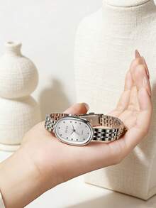 1pc Minimalist Oval Design Dual-Tone Quartz Watch, White Dial Expresses Refined Taste, Suitable For Online Activities, Holidays, Birthdays, Year-End Promotion - Multicolor - View 2