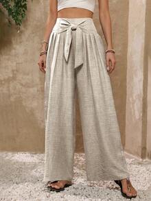 Women's Casual High-Waisted Wide-Leg Pants, Solid Color, Soft Fabric, Elastic Waistband. - Màu be - Xem 3