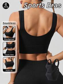 2pcs Women Seamless Sports Bra, Wireless Bralette Crop Top, Padded Pullover Bra, Soft & Breathable Fitness Bra, Comfortable Shockproof Bra Wireless For Gym - Black - View 10