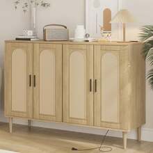 Mueble Buffet de Ratán con Almacenamiento y Enchufes Integrados Gabinete Auxiliar de 4 Puertas con Estantes Ajustables para Cocina Comedor Sala y Recibidor - Albaricoque - Ver 9