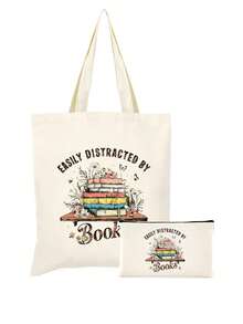 1/2件套 书迷主题创意书籍插画帆布书包，带拉链的铅笔盒套装，印有励志的“你真棒”图案，学院风帆布手提袋套装，适合返校、毕业、旅行、生日、周年纪念、教师节，以及作为感谢礼物送给同学、朋友、学生和老师。 - 米色 - 查看 44