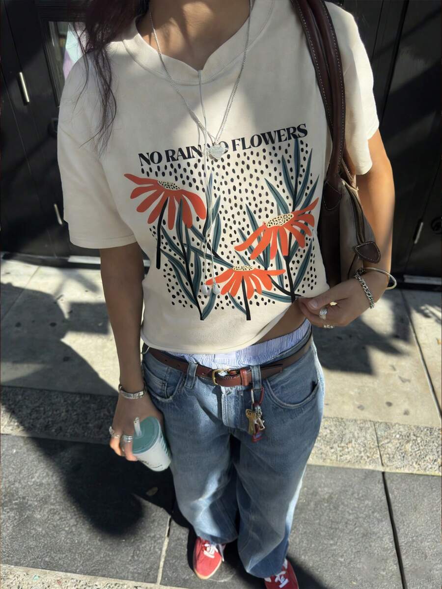 夏季新款简约时尚艺术橙色花朵波点背景复古插画印花休闲圆领短袖T恤，时尚百搭女式上衣 - 杏色 - 查看 1