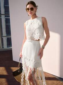 Sollinarry Women's Summer New Water-Soluble Lace Cropped Top And Tassel Skirt 2 Pieces Set, Suitable For Outings, Vacations, And Parties White - White - View 1