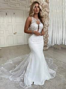Elegant Sexy Sleeveless Lace Appliqué Mermaid Satin Formal Wedding Dress,Registry Office Dresses Bridal Gown,Evening Party Dress Birthday Party Dress Country Wedding,Romantic Church Ceremony Wedding Dress,Suitable For Wedding,Dating,Party,Singles' Party,Vacation,Formal Occasions,Dinner Dress,Prom Dress,Homecoming Dess,Cocktail Party,Wedding Guest Dress,Graduation - 白色 - 查看 2