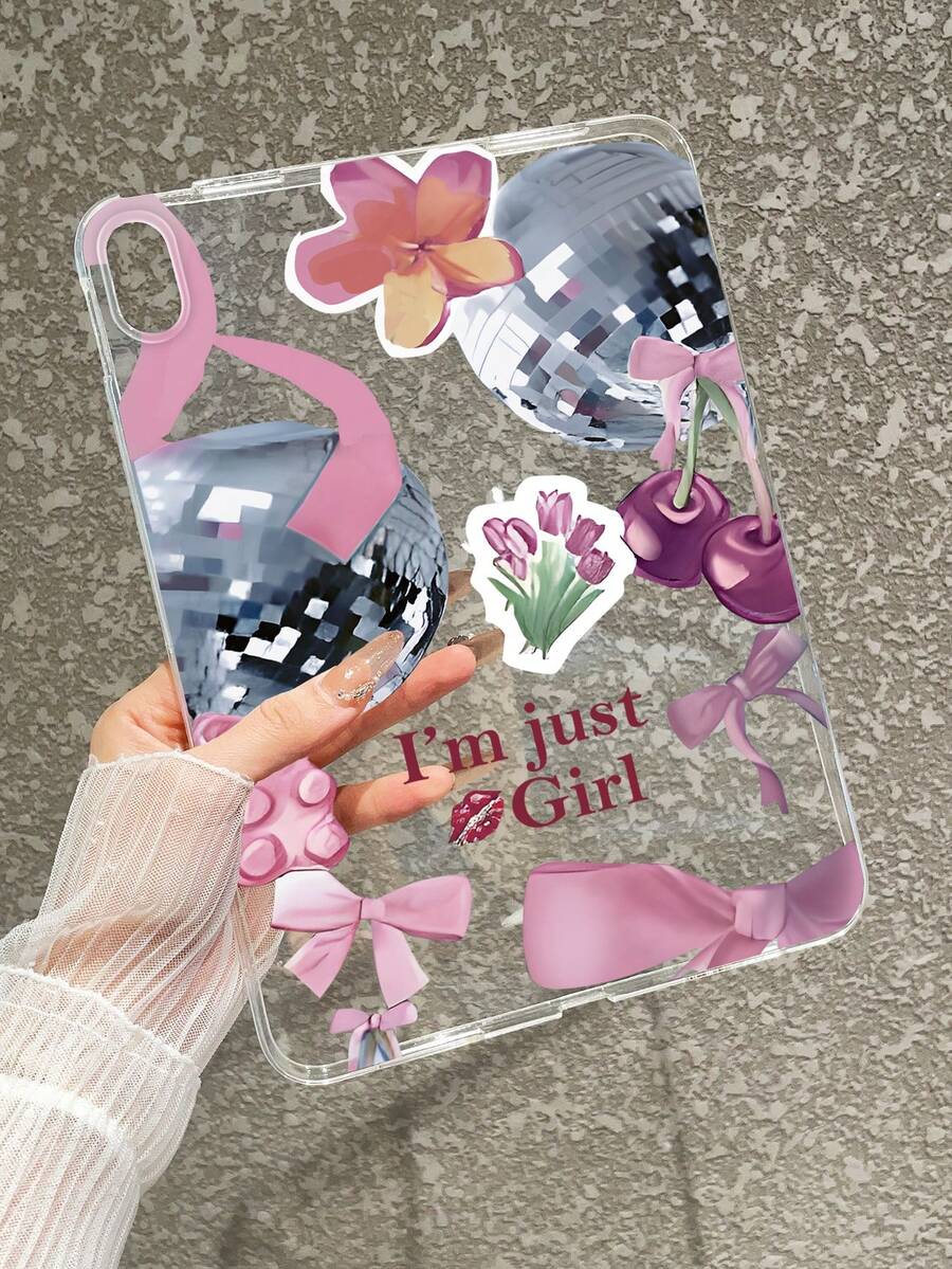 Y2K少女风拼贴iPad保护套 - 迪斯科球、蝴蝶结、樱桃图案、“我只是个女孩”标语、唇印、防震美观保护套，兼容iPad 11代、iPad 10代、iPad A16 - 無色 - 查看 1