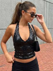 Women's Summer Solid Sequin Halter Deep V Neck Backless Slim Fit Tank Tops  Soft Top For Party  Date - Black - View 8