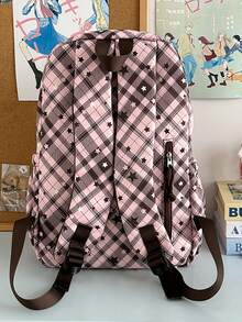 1个尼龙格子大容量背包，时尚休闲学生背包，男女通用 - 粉色 - 查看 5