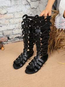 女士欧美街头风罗马镂空厚底露趾高筒骑马靴 - 黑色 - 查看 6