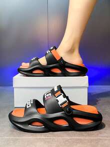 Men's Summer Letter Print Non-Slip Casual Slippers, EVA Lace-Up Hollow Breathable House, Beach, Water Shoes, Unisex Couple Styles - Black Orange - View 7