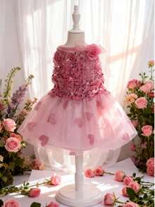 LUCKIE LABO 1pc Bling Bling Sequin Heart & Rose Floral Pattern Pet Dress, Comfortable & Breathable, Suitable For Small Dogs & Cats, Wedding, Valentine's Day, Birthday Party - Pink - View 9