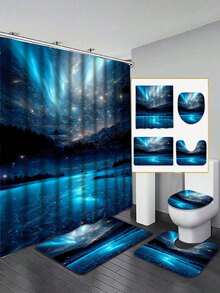 Juego de 4 piezas para el baño con diseño de cielo nocturno polar - Alfombra de baño antideslizante, alfombra en forma de U para el inodoro, tapa del inodoro, 12 ganchos - Decoración para el baño - Multicolor - Ver 6