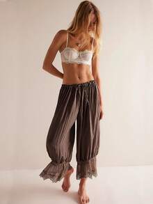 Women Lace Trim Long Bloomers Elastic Mid Rise Ruffle Pantaloons Cropped Flared Slips Pants Loungewear Summer Pettipants Capri Bottoms - màu nâu - Xem 1