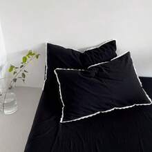 3件套亲肤水洗磨毛面料柔软舒适蕾丝花卉图案被套套装（1个被套+2个枕套，不含被芯），适合男孩、女孩、卧室、客房、青少年床上用品，可机洗 - 黑色 - 查看 12