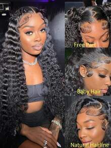 200%深波浪卷发假发，巴西发，13x4蕾丝前假发，真人发假发，自然外观，预先拔毛，180%密度，蓬松卷曲，完美适用于日常和派对造型，圣诞节装扮，新年派对假发，节日假发，节日风格 - SNatural - 查看 7