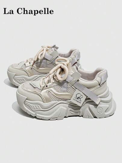 1 Pair La Chapelle Women's Thick Sole Lace-Up Soft Bottom Casual Sneakers, Low-Top Outdoor Flat Shoes For Summer Commuting, Round Toe Low Heel Non-Slip Solid Color Elegant Soft Bottom Hiking Suitable For Students Graduation Photos Flat Shoes, Women Low-Top Leather Casual Chunky Sneakers