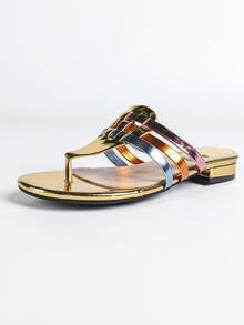 2cm Low Heel Bohemian Style Iridescent Strap Thong Flat Sandals, Summer Beach Holiday Casual Slip-On Slippers - Gold - View 7