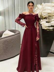 Women's Solid Color Party Knit Fabric Zipper Lace Patchwork Wedding Guest Dress Spring - Burgundy - View 2