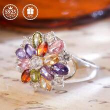 1pc S925 Silver Creative Colorful Flower Ring, Elegant Fashion Jewelry For Party, Christmas, Halloween, New Year, Valentine's Day Gift For Women, Mom, Family, Friends - Silver - View 2