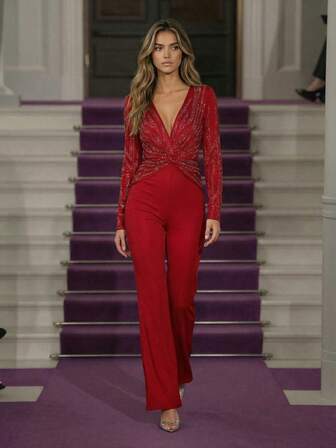 Glamorös Elegant Twist Diamond Utsmyckad Flare Jumpsuit, festklänning