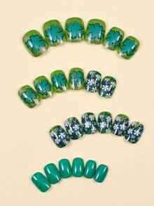 24pcs St. Patrick's Day Green Clover Press On Nails Short, Nail Glittter, Art Perfect For Everyday Wear - Multicolor - View 4