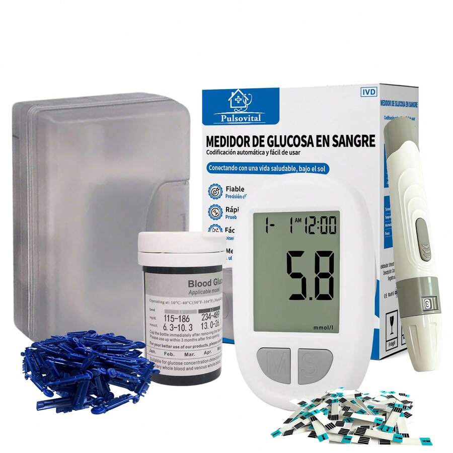 Pulsovital Medidor De Glucosa Digital Glucómetro Digital Con Glucómetro Digital 50 Tiras Y 50 Lancetas,color Blanco - Beis - Ver 1