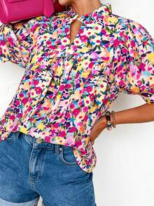 Acelitt Multicolor Floral Print Frilled Collar Split V Neck Puff Half Sleeve Summer Blouse Vacation - Multicolor - View 2