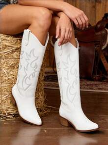 White Cowgirl Outfits For Women Boots Pointed Toe Knee High Cowboy Boots Women Pull On Zipper Chunky Heel Summer Boots Country Concert Combat Boots For Women - White - View 2