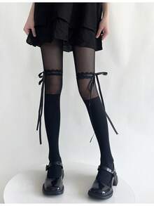 1pc Fishnet Stockings With Ribbon Ties, Autumn/Winter Stretchable Ribbed Stockings, Sexy Thigh High Stockings For Women - Multicolor - View 7