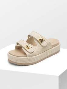 Women's Raffia Espadrilles 1.85-Inch Platform Sandals Comfortable Wedge Sandals Adjustable Buckle Cute Slide Beach Vacation Summer Shoes - Beige - View 8