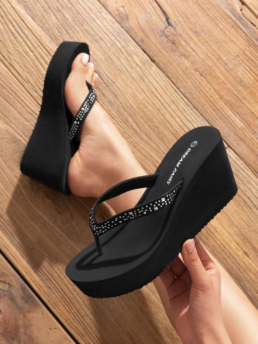 Women'S Platform Flip Flop Rhinestones Arch Support Comfortable Soft Cushion Wedge Flip Flops Summer Thong Sandals - màu đen - Xem 1
